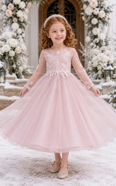 A-Line Winter Wedding Long Sleeve Flower Girl Dress with Long Illusion Sleeves, Floral Lace Bodice, Full Tulle Skirt, Floor-Length Winter Style