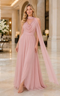 Blush Halter Chiffon A-Line Formal Dress with Cape