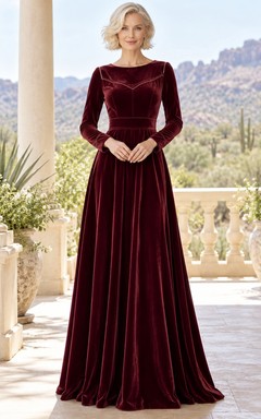 Robe de soirée western bordeaux à manches longues en velours trapèze