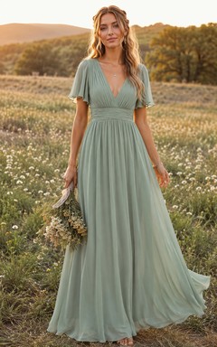 Salbeigrünes Brautjungfernkleid aus Chiffon mit V-Ausschnitt, kurzen Ärmeln und A-Linie