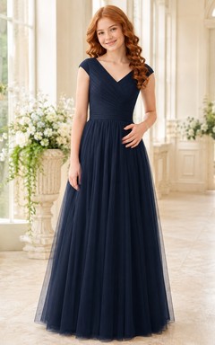 Dark Navy Junior Bridesmaid Dress A-Line V-neck Short Sleeve T-shirt Romantic