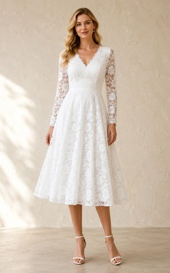 Romantic White Tea-Length V-Neck Long Sleeve Lace Garden Guest Dress
