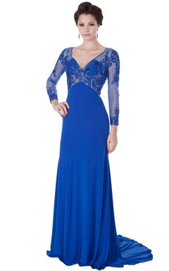Perlenbesetztes, langärmeliges Maxi-Abendkleid aus Chiffon mit V-Ausschnitt und Applikationen