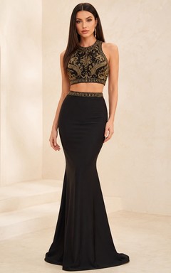 Black Embellished Two Piece Mermaid Prom Dress Classic