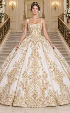 Vestido de novia de gala con escote cuadrado, tirantes bordados en oro y dobladillo con intrincado diseño de celosía.