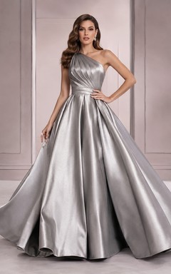 Mercury Bow Silbernes Ballkleid, bodenlang, schulterfrei, ärmellos, aus Metallic-Satin, modernes Abendkleid
