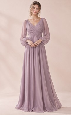 Vestido de dama de honor largo hasta el suelo, de gasa fruncida, color malva, manga larga y estilo bohemio.