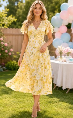 Yellow floral V-neck flutter sleeve garden A-line midi dress