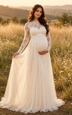 Vestido de novia premamá de cuello alto, manga larga, corpiño de encaje, corte en A, tul, estilo campestre.