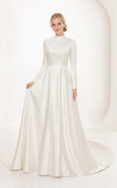 Schlichtes, hochgeschlossenes, langärmeliges Crêpe-Brautkleid der Mormonen