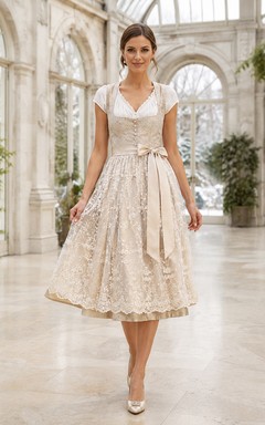 Elegant Lace Bridal Dirndl V Neck Cap Sleeve Tea Civil Wedding Dress