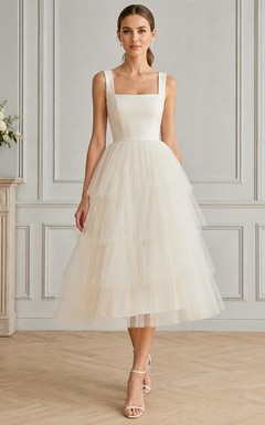 White Square Strap Tiered Tulle A-Line Tea Cocktail Dress Reception