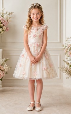 Tea Length Floral Princess Cap Sleeve Tulle A-Line Flowergirl Dress