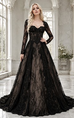 Vestido de novia negro de manga larga, corte A, encaje y largo hasta el suelo