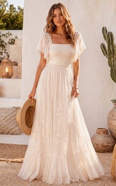 Boho Ibicenco A Line Square Neck Short Flutter Sleeve Wedding Dress