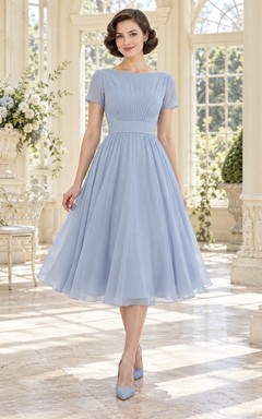 Vestido de dama de honor de gasa plisada de manga corta con escote barco, largo hasta la rodilla, color azul cielo vintage