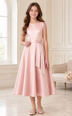 Elegantes, ärmelloses, rosafarbenes Satin-Brautjungfernkleid in A-Linie und Teelänge