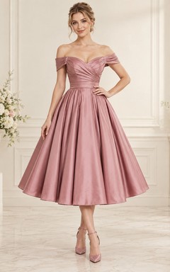 Robe de bal vintage rose poudré longueur thé en satin froncé à épaules dénudées et épaules dénudées