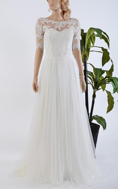 Bolero de encaje con lazo de tul y satén, vestido de novia modesto