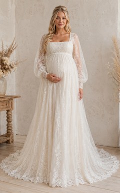 Maternity Bohemian Square Neck Long Poet Sleeve Lace Empire Sweep Train Wedding Dress