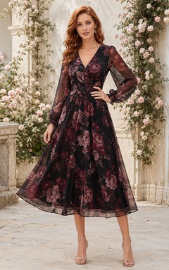 Robe midi d'invitée en mousseline noire bordeaux à fleurs et col en V