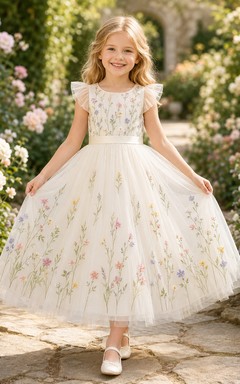 Romantisches Gartenkleid mit Blumenstickerei, Tüll, Teelänge und Blütenblattärmeln für Blumenmädchen – ideal für draußen