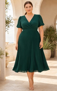 Dark Green V-Neck Short-Sleeve Jersey A-Line Tea-length Plus-Size Pleated Guest Dress