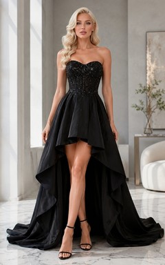 Black Strapless Sweetheart Tulle High Low Prom Dress