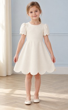 Schlichtes, elegantes, cremefarbenes Blumenmädchenkleid, knielang, glatt geschnitten, ausgestellt, mit geschwungenen Puffärmeln