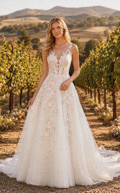 Brautkleid in A-Linie mit floraler Spitze, rosafarbener Stickerei und Weinbergmuster