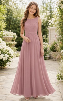 Brautjungfernkleid in Altrosa, A-Linie, U-Boot-Ausschnitt, ärmellos, gerafft, schlicht und elegant