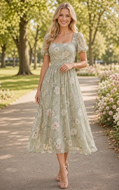 Sage Floral Puff Sleeve Family Photo Midi Dress