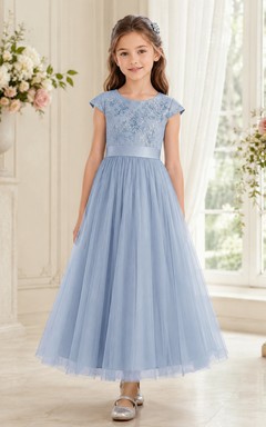 Flower Girl Dress Sky Blue Lace Tulle A-Line Jewel Neck Tea Length