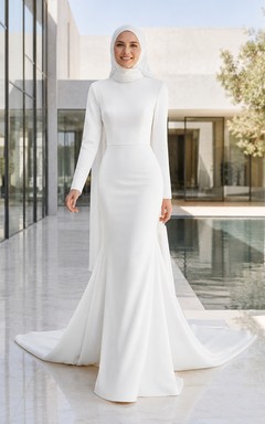 Vestido de novia de sirena de crepé, manga larga y cuello alto, de estilo musulmán modesto, de estilo musulmán.