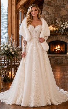 Winterliches Brautkleid in A-Linie mit Pelzschal, Spitze und Schleppe