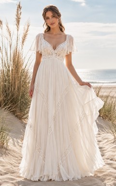 V-Neck Short Sleeve Lace A-Line Floor-length Sweep Train Bohemian Bridal Dress