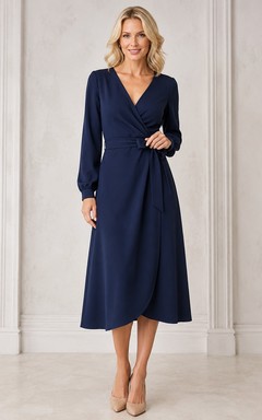 Vestido modesto de gasa azul marino con escote en V, manga larga y corte en A, largo hasta la rodilla.