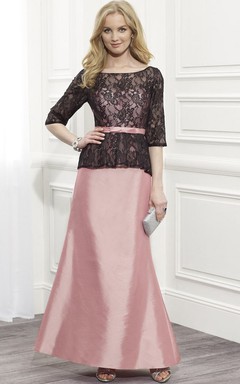 Robe de soirée en satin à manches courtes en dentelle, col rond et dos nu en V, ornée d'un ruban.