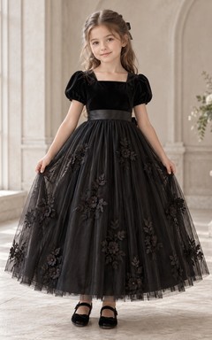 Black Square Neck Puff Sleeve Velvet Floral Tulle Ankle Length Flowergirl Dress