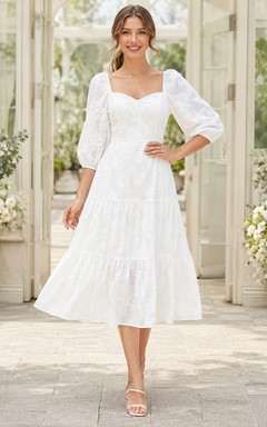 Weißes Cocktailkleid mit eckigem Ausschnitt, A-Linie, Spitze, Stufenärmeln und Puffärmeln