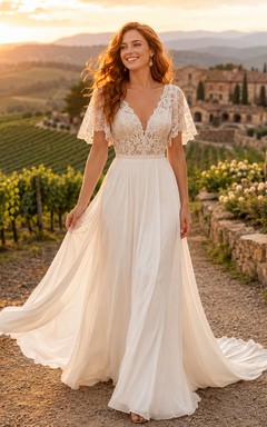 Vestido de novia campestre de gasa, corte A, escote corazón, mangas con volantes, largo hasta el suelo, espalda baja en V.