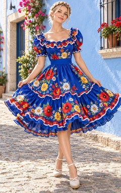 Royal Blue Scoop Neck Floral Puff Sleeve Ruffled Folk Dress