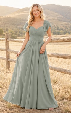 Sage Chiffon A-Line V-Neck Flutter Sleeve Pleated Low Back Floor-Length Bridesmaid Dress