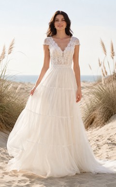Boho Beach A Line V Neck Cap Lace Sleeve Tiered Tulle Wedding Dress