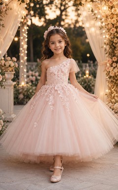 One Shoulder Floral Tulle A-Line Flower Girl Dress with Short Sleeves, Tea-Length Skirt and Floral Applique