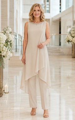 Soft neutral sleeveless overlay pantsuit modern mother dress set