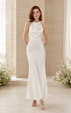 White halter cowl crepe ankle length sheath bridesmaid dress