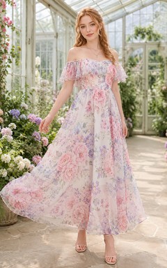 Pastel Floral Off Shoulder Chiffon Garden Maxi Dress