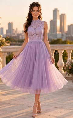 Lavender Tulle V-Neck Sleeveless A-Line Tea-Length Cocktail Dress
