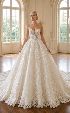 Trägerloses, herzförmiges Ballkleid mit Muschelsaum und Kathedralenschleppe